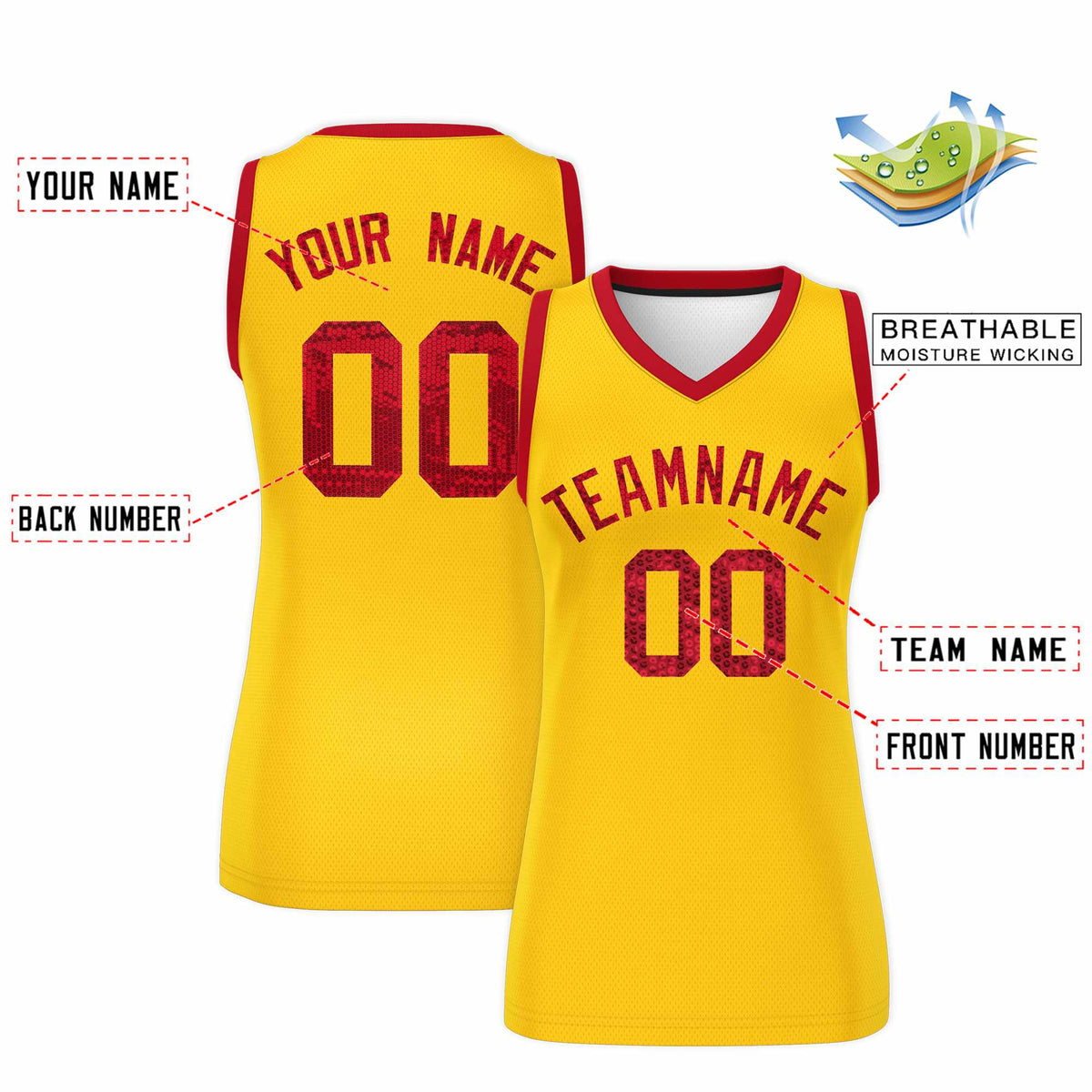 Custom Gold Red Women Netball Sequined Dress