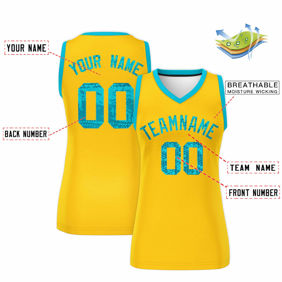 Custom Gold Sky Blue Women Netball Sequined Dress