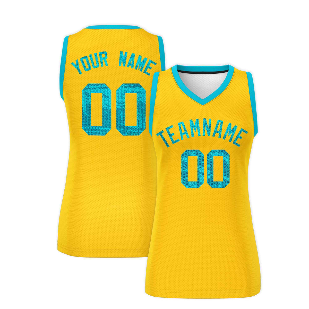 Custom Gold Sky Blue Women Netball Sequined Dress
