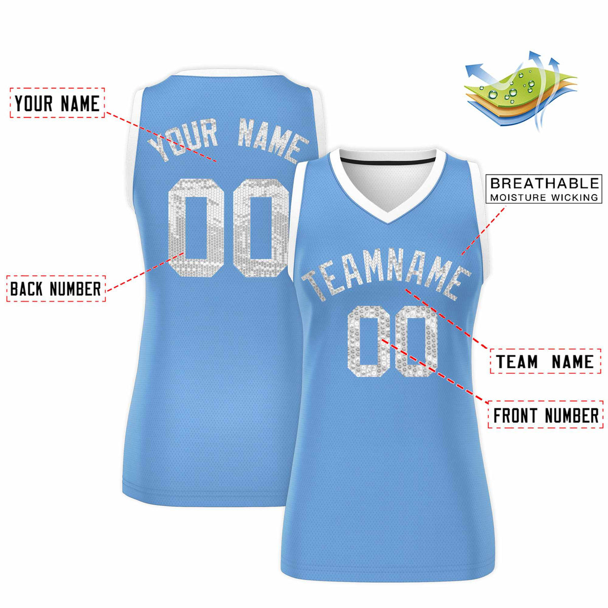 Custom Light Blue White Women Netball Sequined Dress