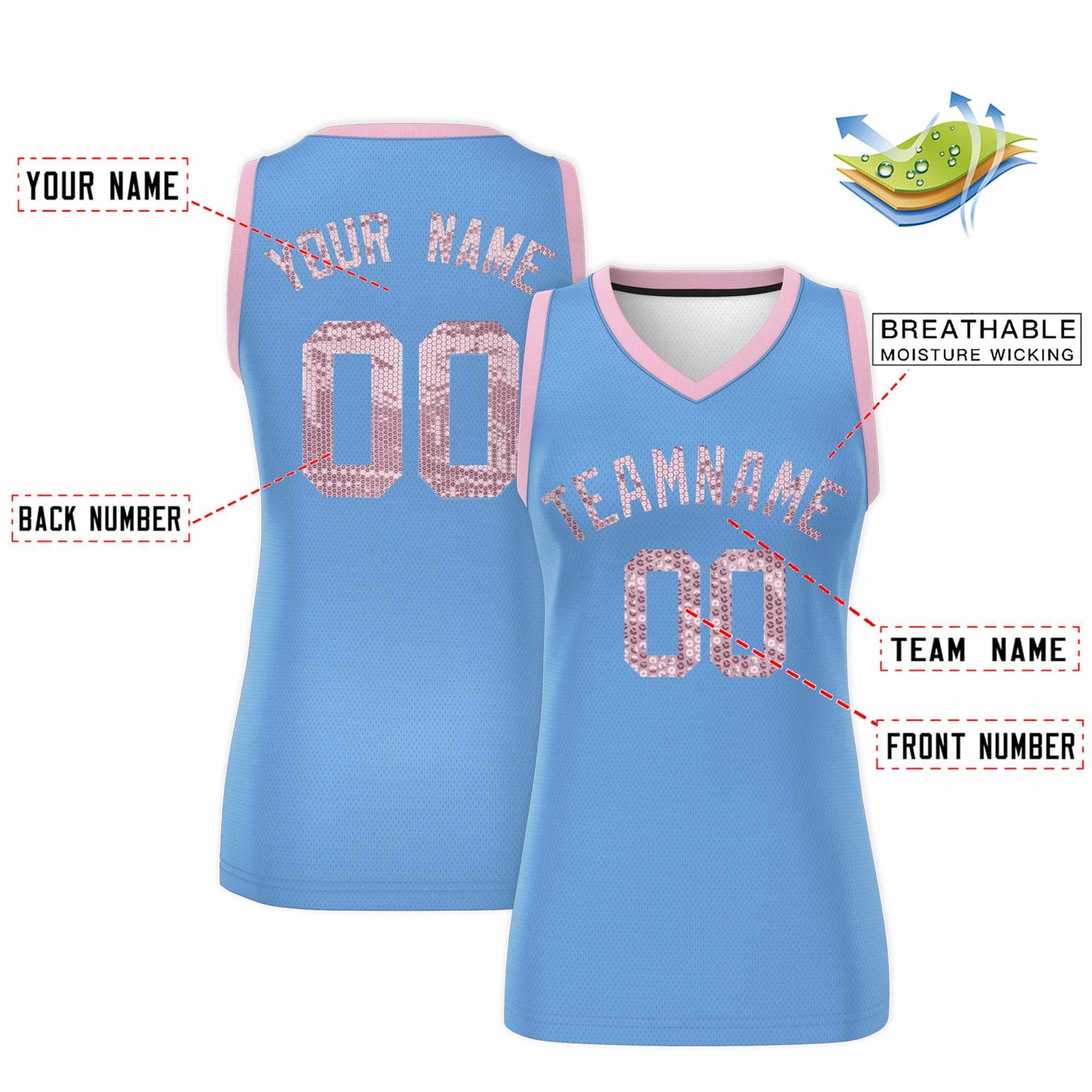 Custom Light Blue Light Pink Women Netball Sequined Dress