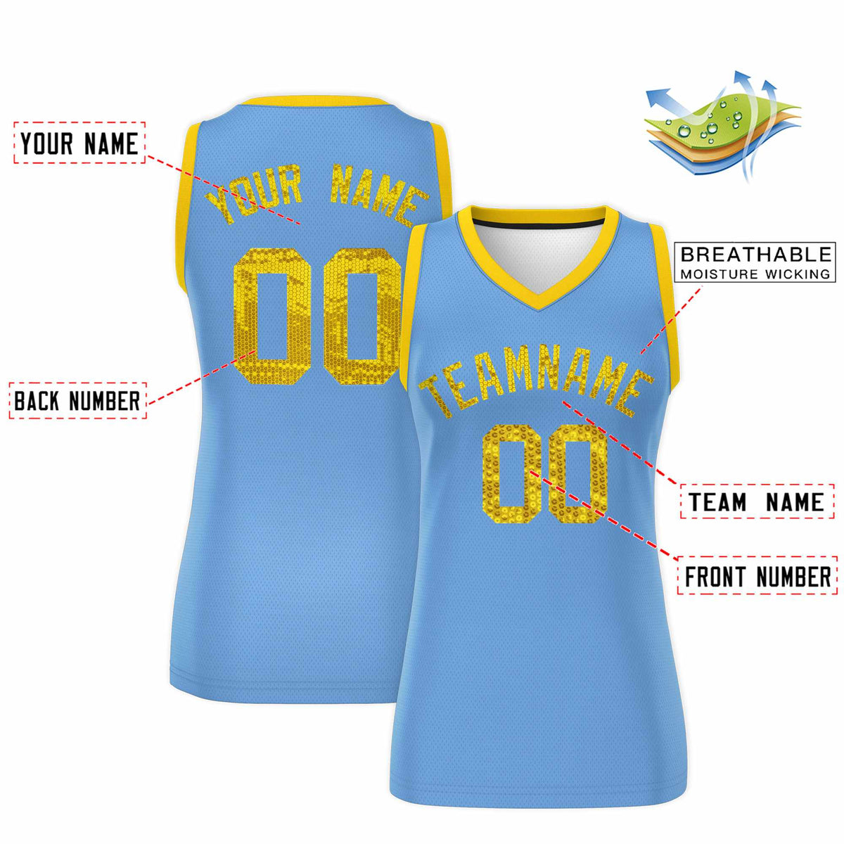 Custom Light Blue Gold Women Netball Sequined Dress