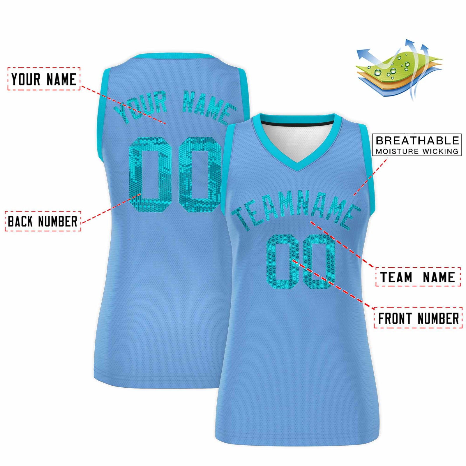 Custom Light Blue Sky Blue Women Netball Sequined Dress
