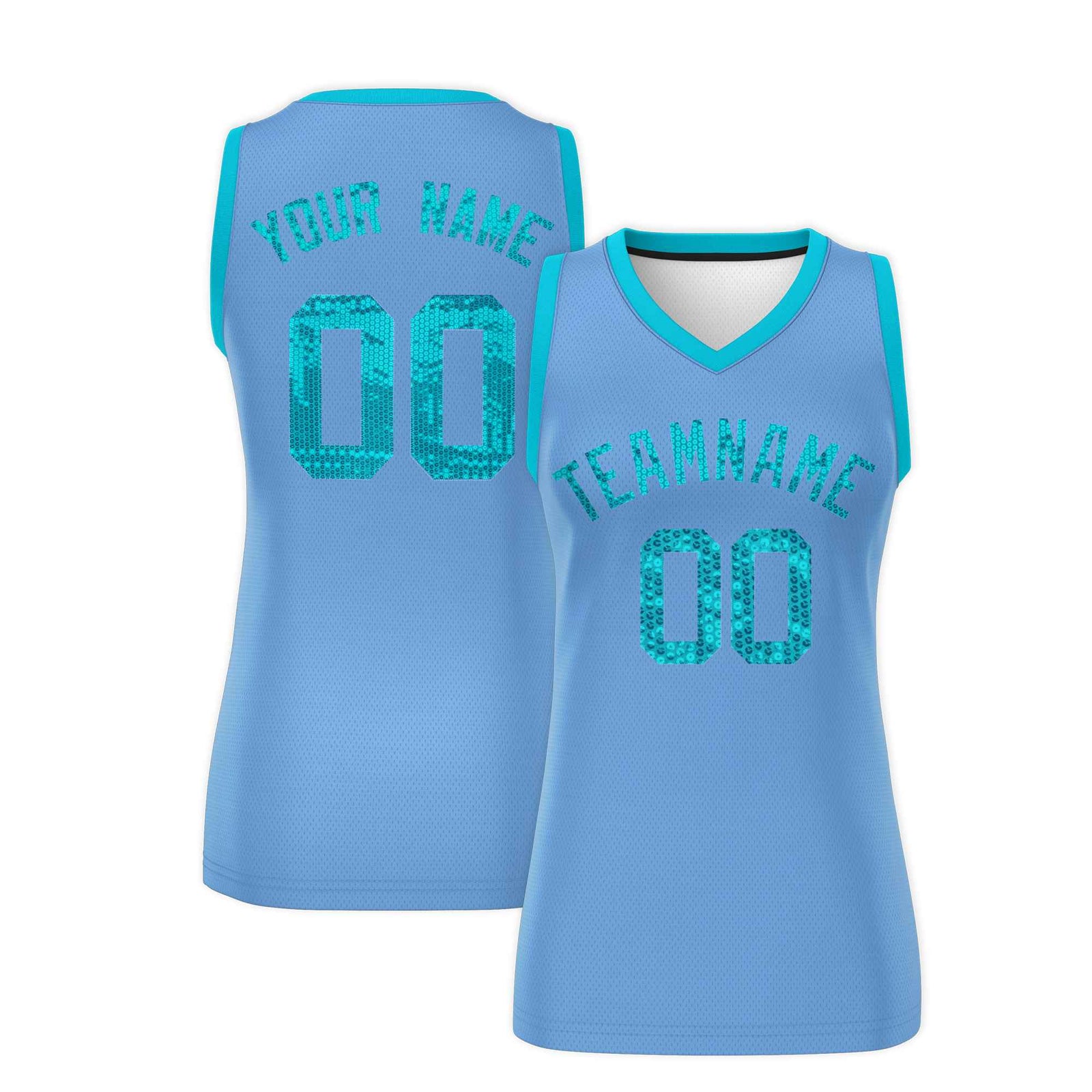 Custom Light Blue Sky Blue Women Netball Sequined Dress