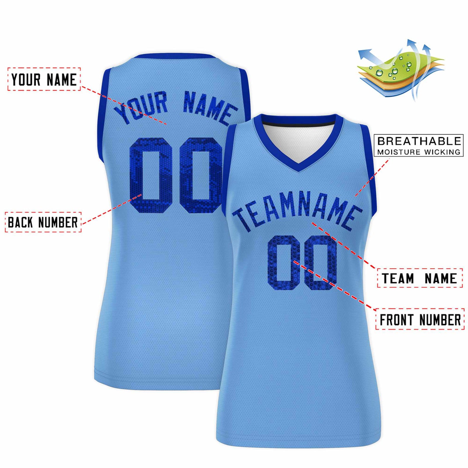 Custom Light Blue Royal Women Netball Sequined Dress
