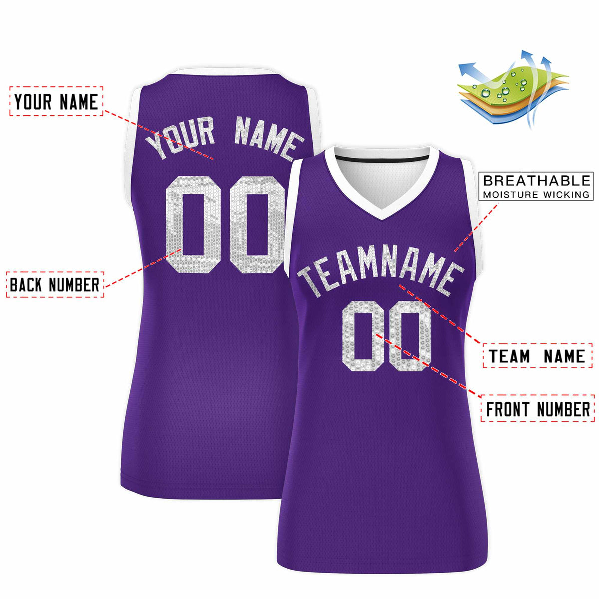 Custom Purple White Women Netball Sequined Dress