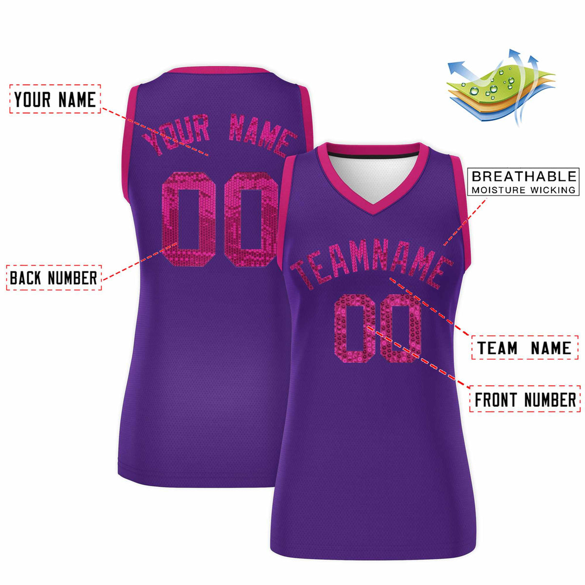 Custom Purple Pink Women Netball Sequined Dress