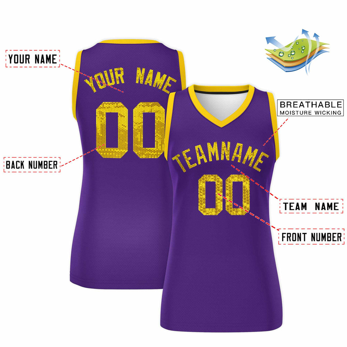 Custom Purple Gold Women Netball Sequined Dress
