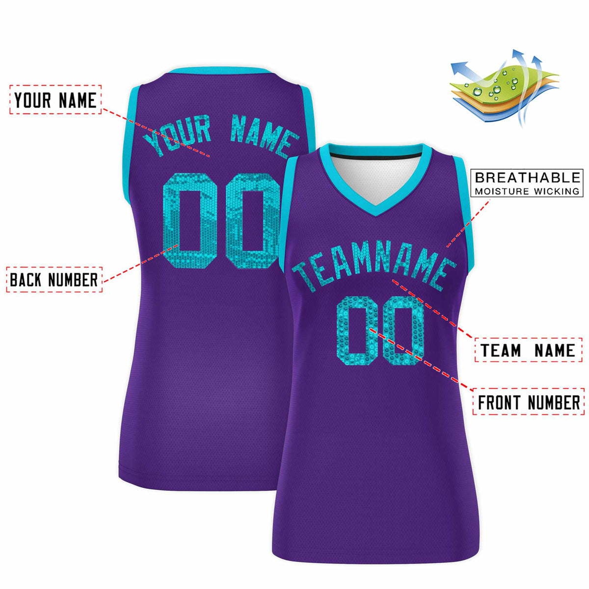 Custom Purple Sky Blue Women Netball Sequined Dress
