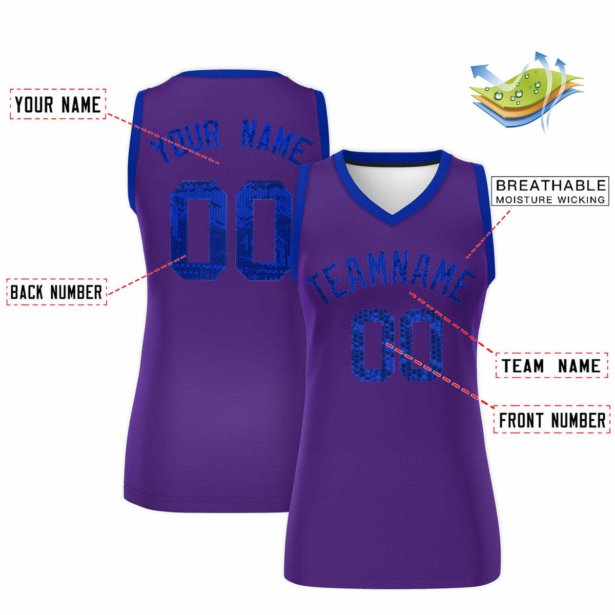 Custom Purple Royal Women Netball Sequined Dress