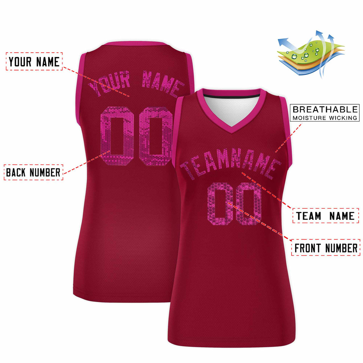 Custom Crimson Pink Women Netball Sequined Dress
