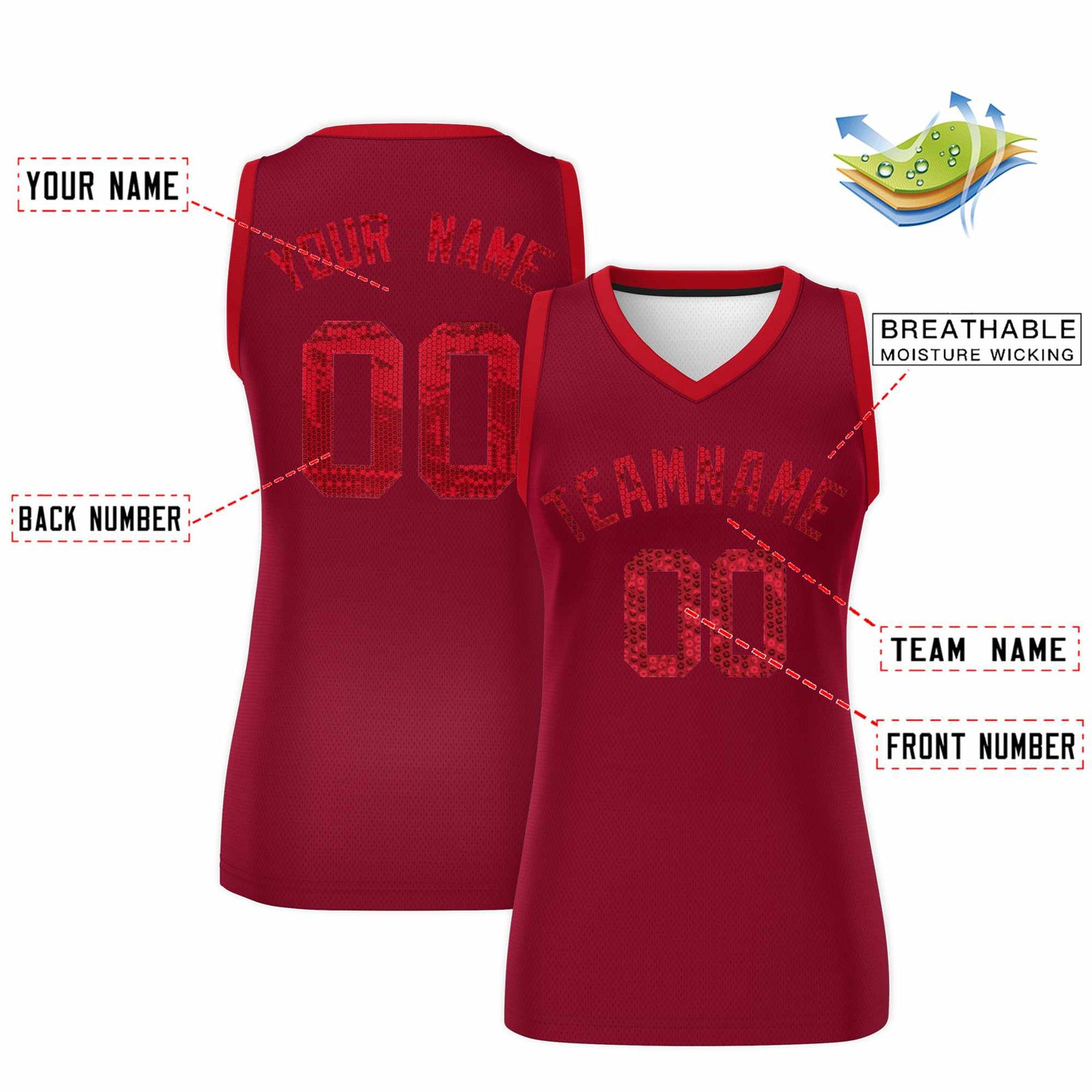 Custom Crimson Red Women Netball Sequined Dress