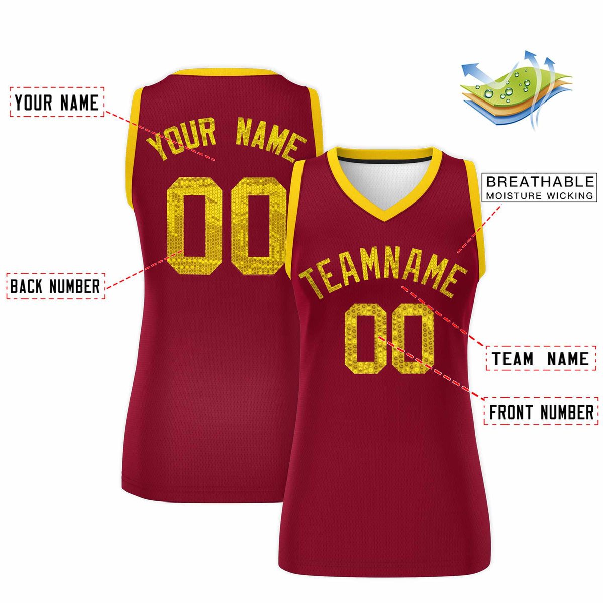 Custom Crimson Gold Women Netball Sequined Dress