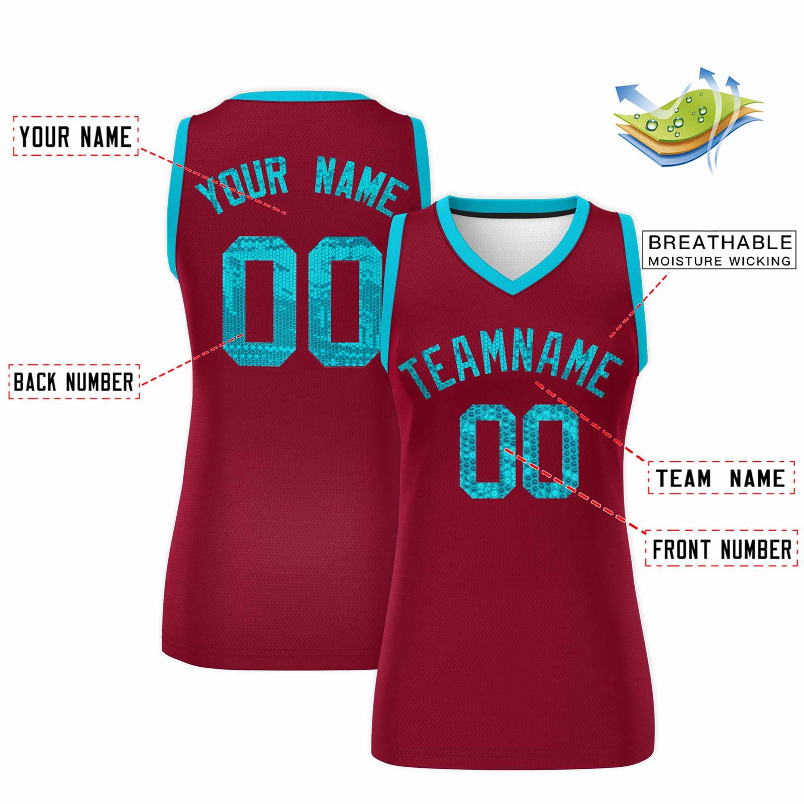 Custom Crimson Sky Blue Women Netball Sequined Dress