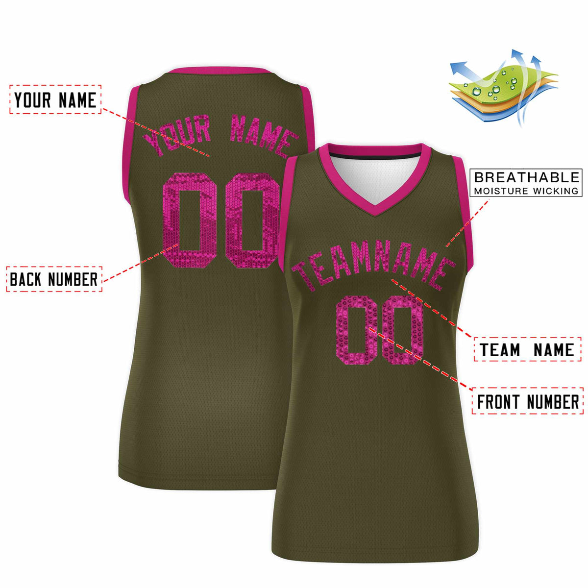 Custom Olive Pink Women Netball Sequined Dress