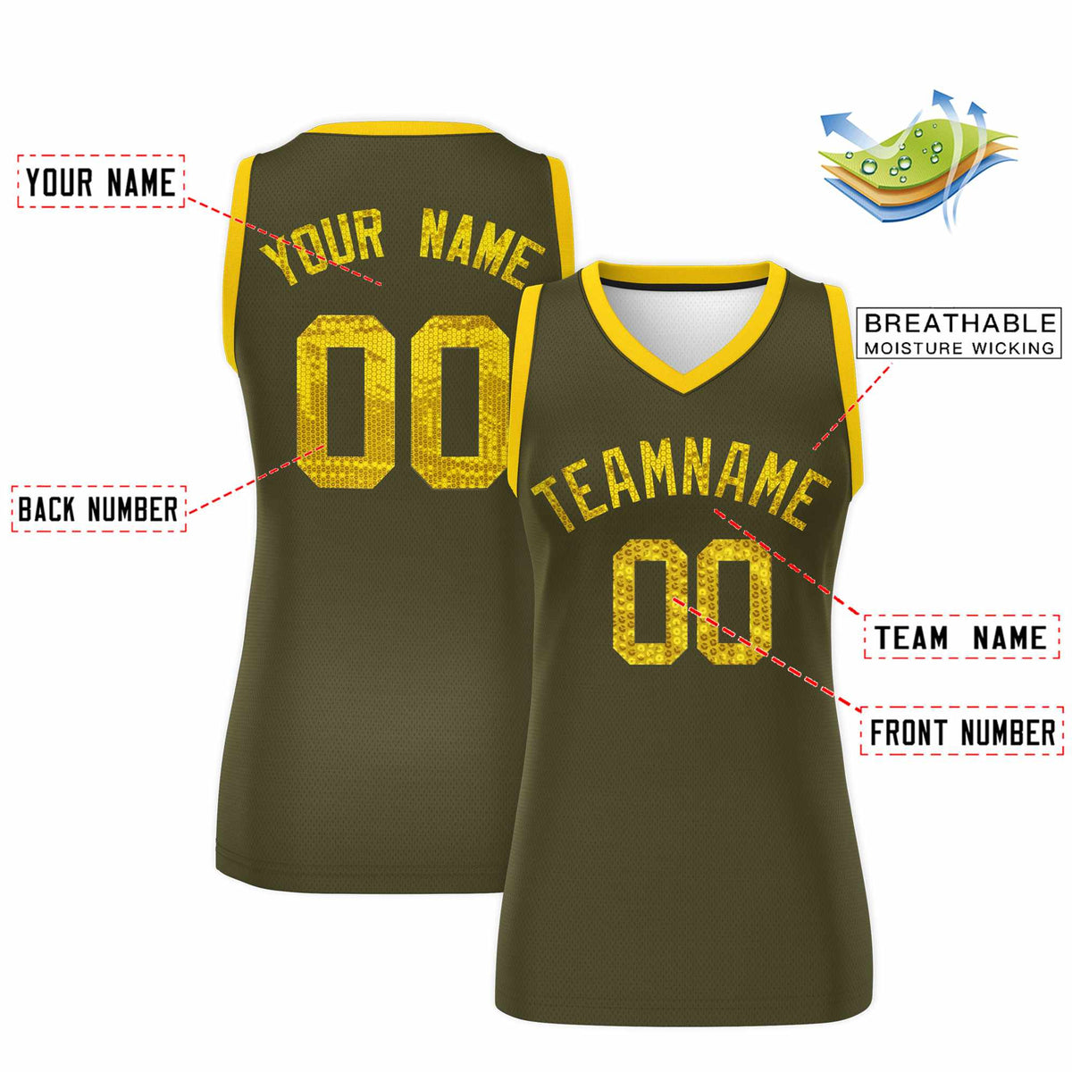Custom Olive Gold Women Netball Sequined Dress