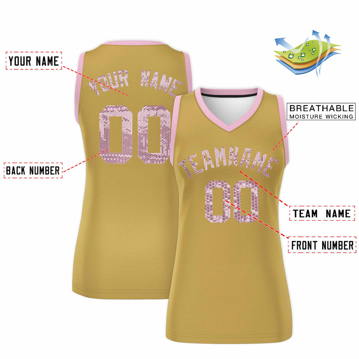 Custom Old Gold Light Pink Women Netball Sequined Dress