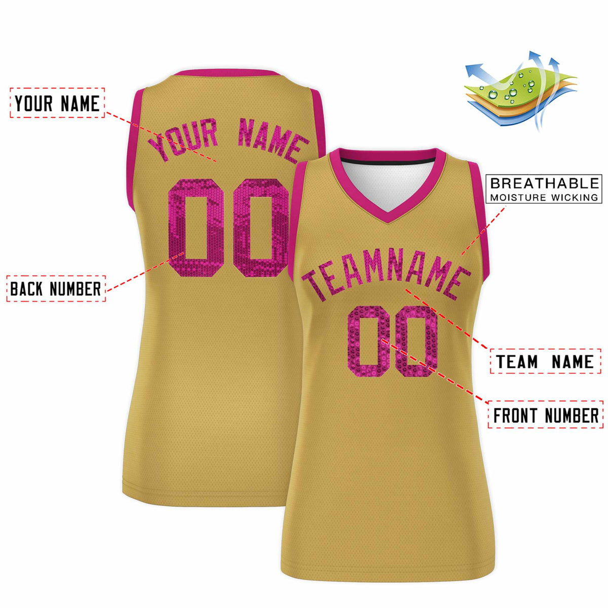Custom Old Gold Pink Women Netball Sequined Dress