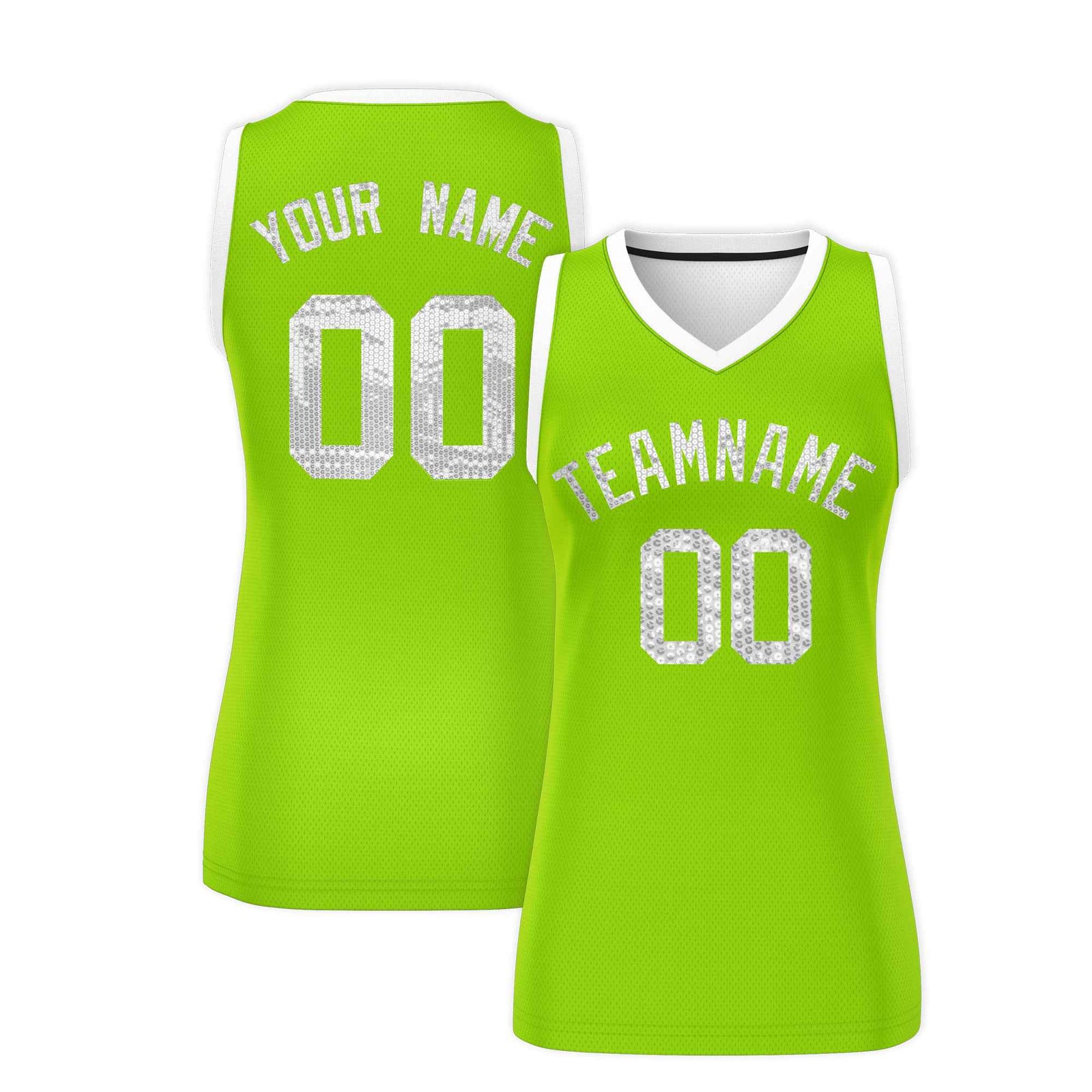 Custom Neon Green White Women Netball Sequined Dress