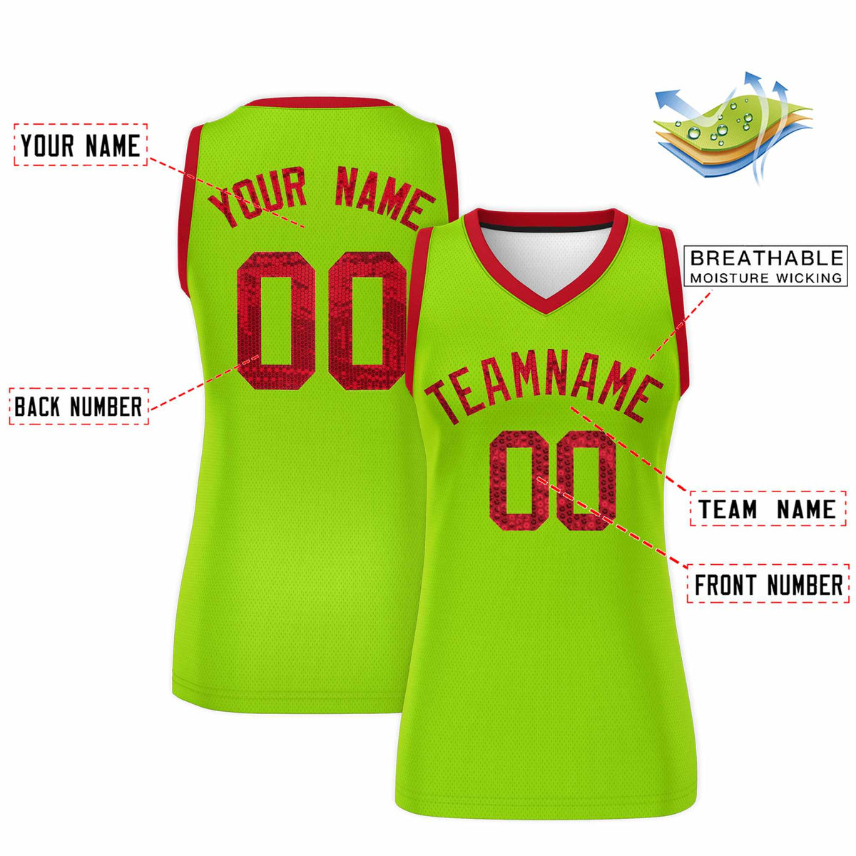 Custom Neon Green Red Women Netball Sequined Dress