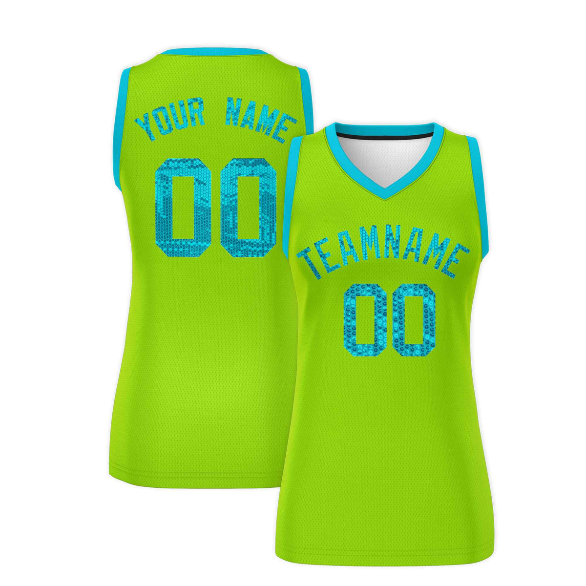 Custom Neon Green Sky Blue Women Netball Sequined Dress