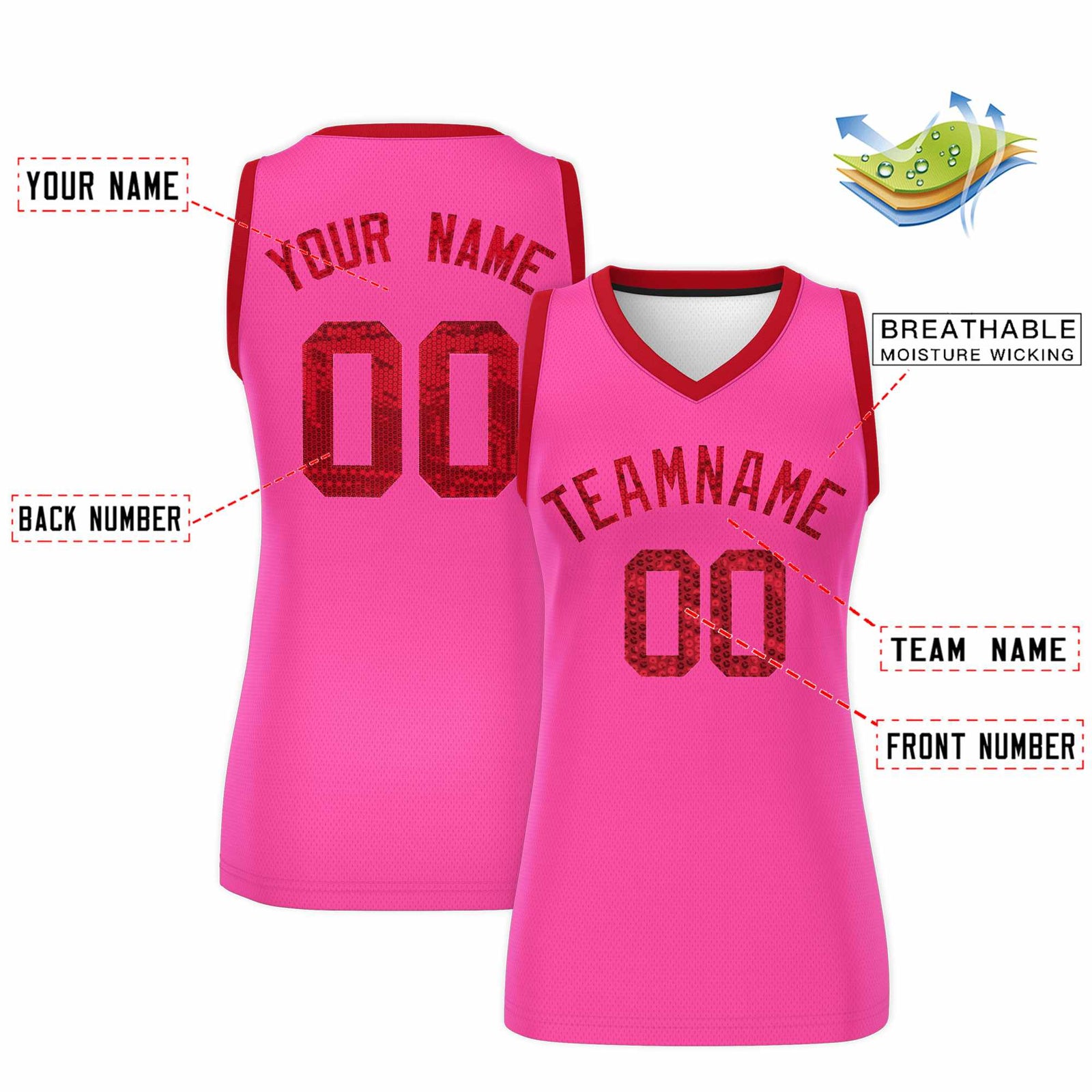 Custom Pink Red Women Netball Sequined Dress