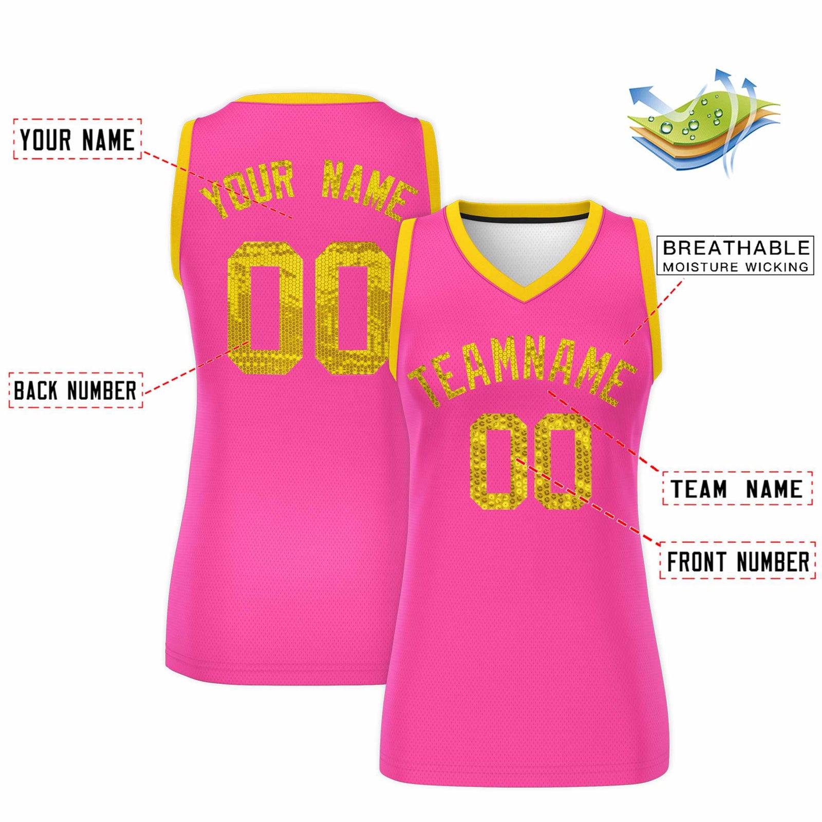 Custom Pink Gold Women Netball Sequined Dress