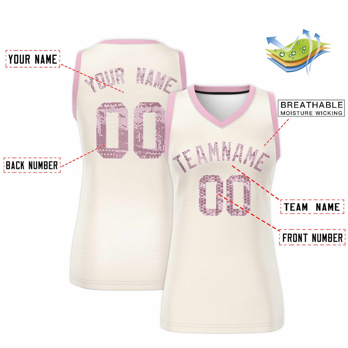 Custom Cream Light Pink Women Netball Sequined Dress