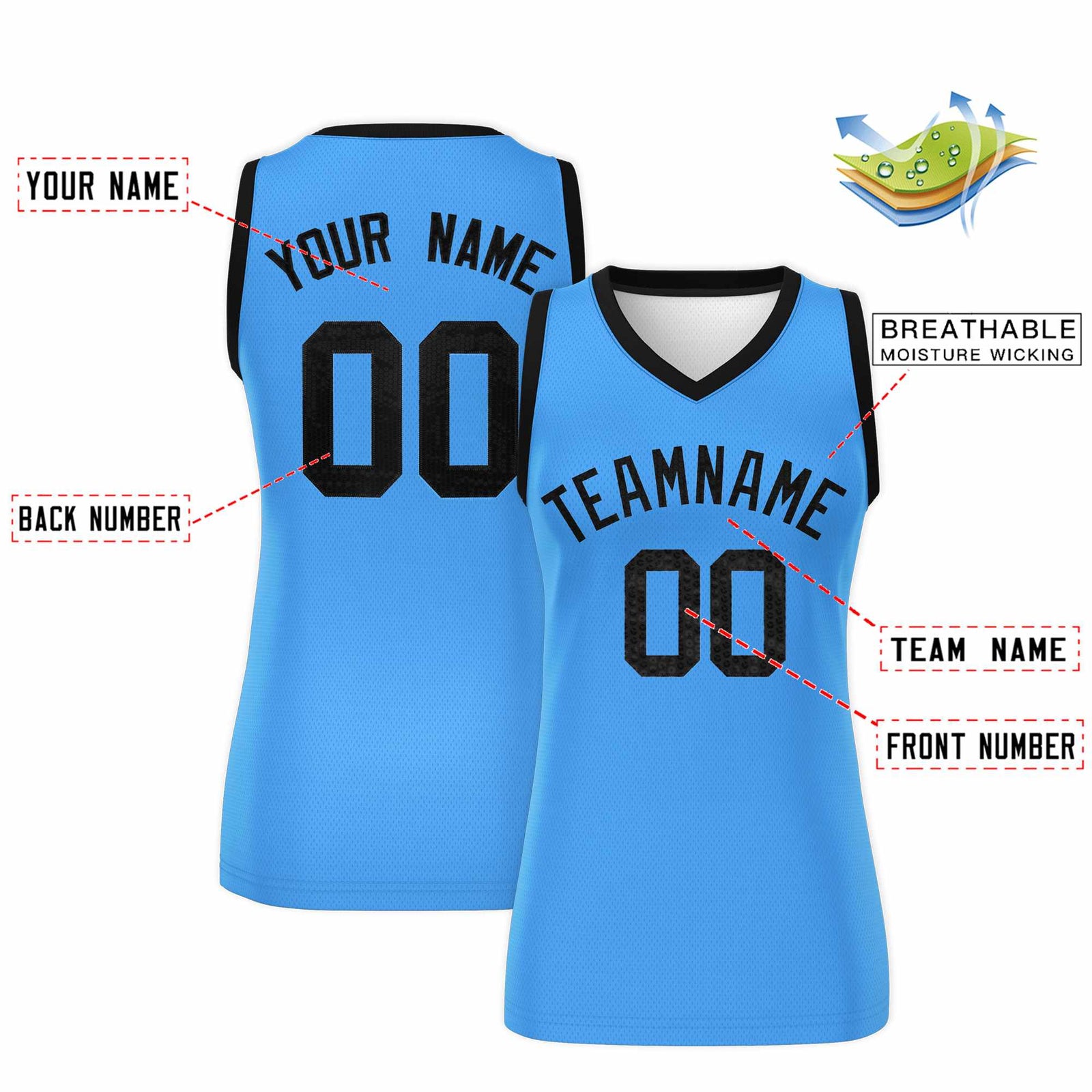 Custom Powder Blue Black Women Netball Sequined Dress