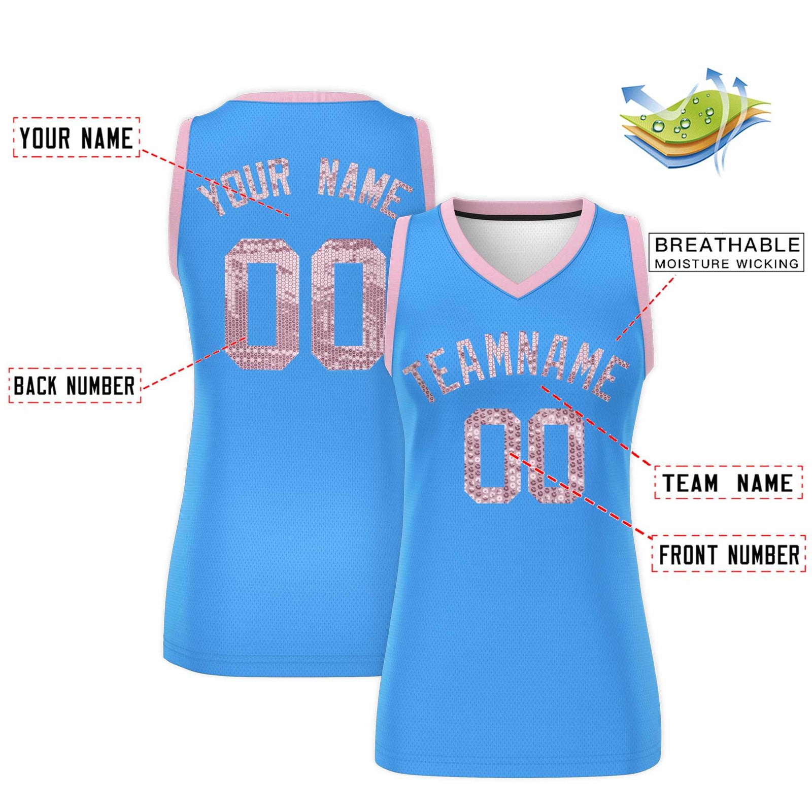 Custom Powder Blue Light Pink Women Netball Sequined Dress