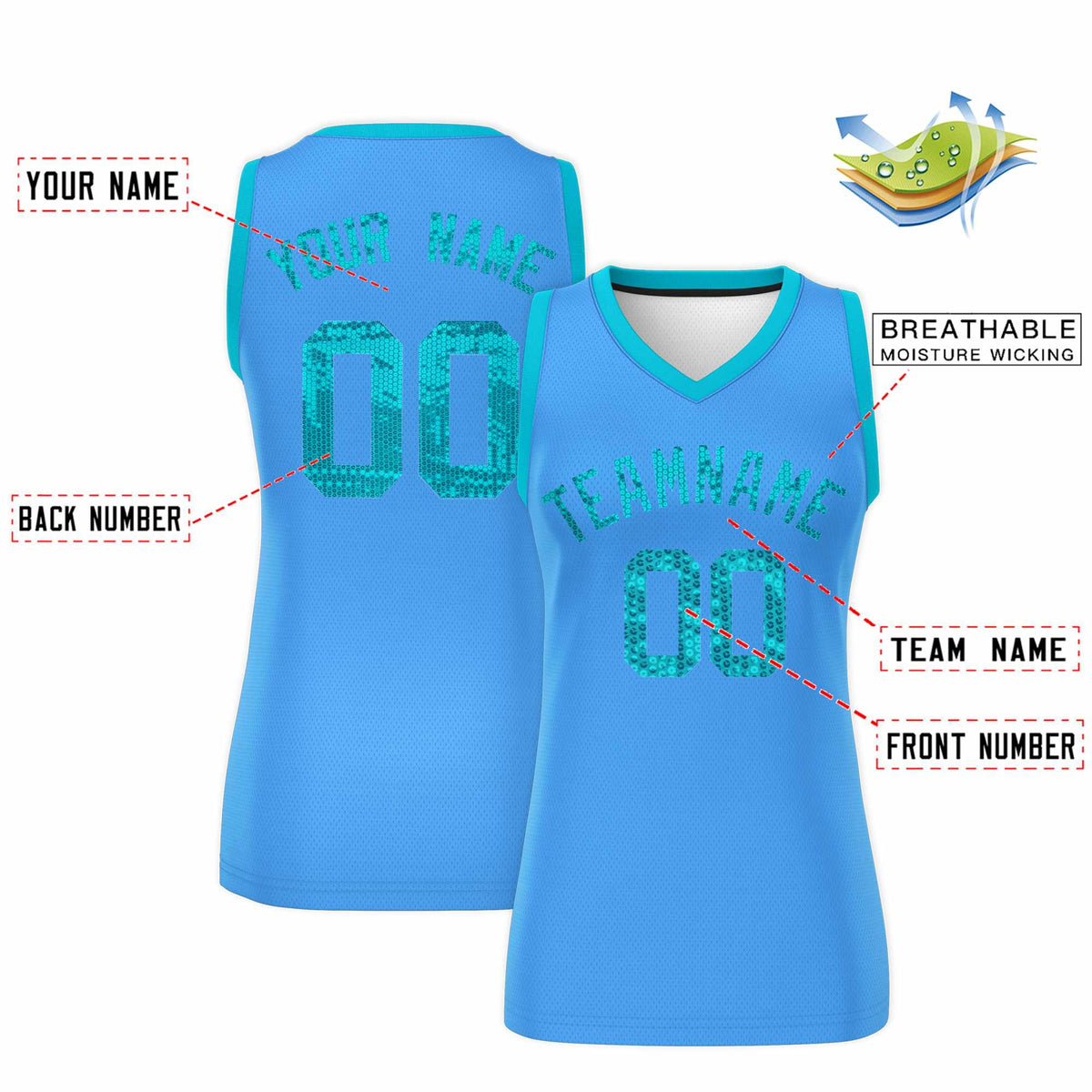 Custom Powder Blue Sky Blue Women Netball Sequined Dress
