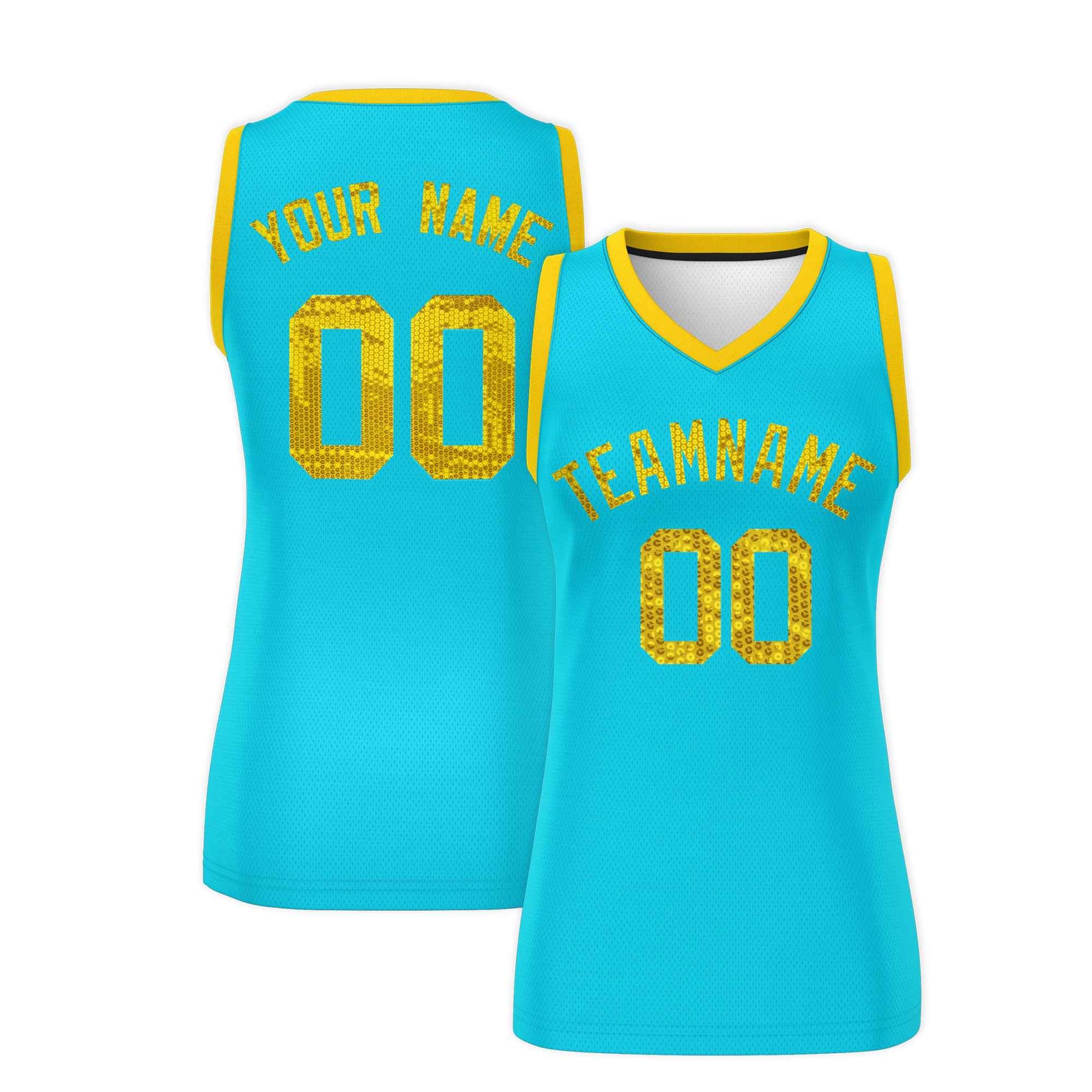 Custom Sky Blue Gold Women Netball Sequined Dress