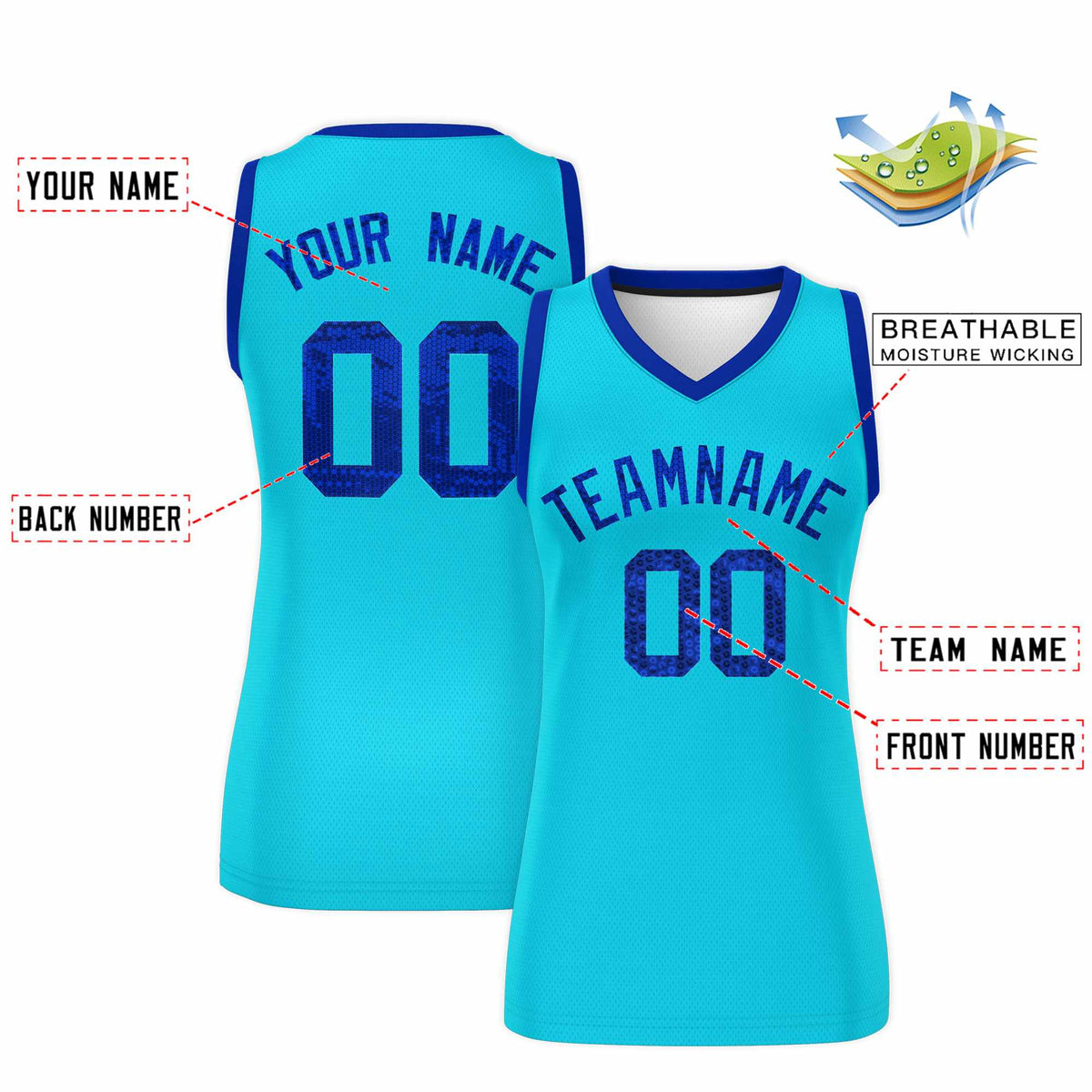 Custom Sky Blue Royal Women Netball Sequined Dress