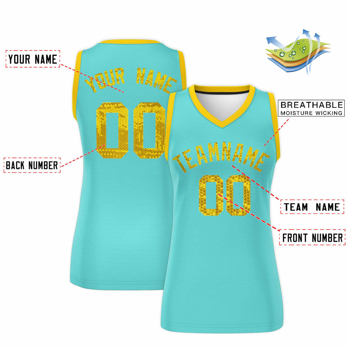 Custom Bright Green Gold Women Netball Sequined Dress