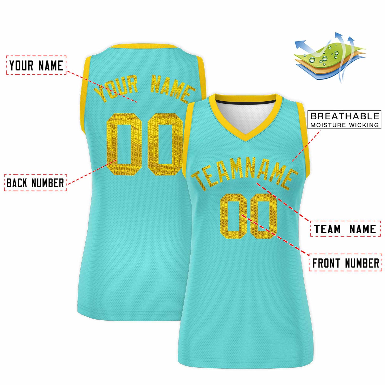 Custom Bright Green Gold Women Netball Sequined Dress