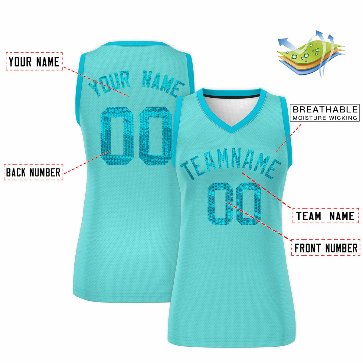 Custom Bright Green Sky Blue Women Netball Sequined Dress