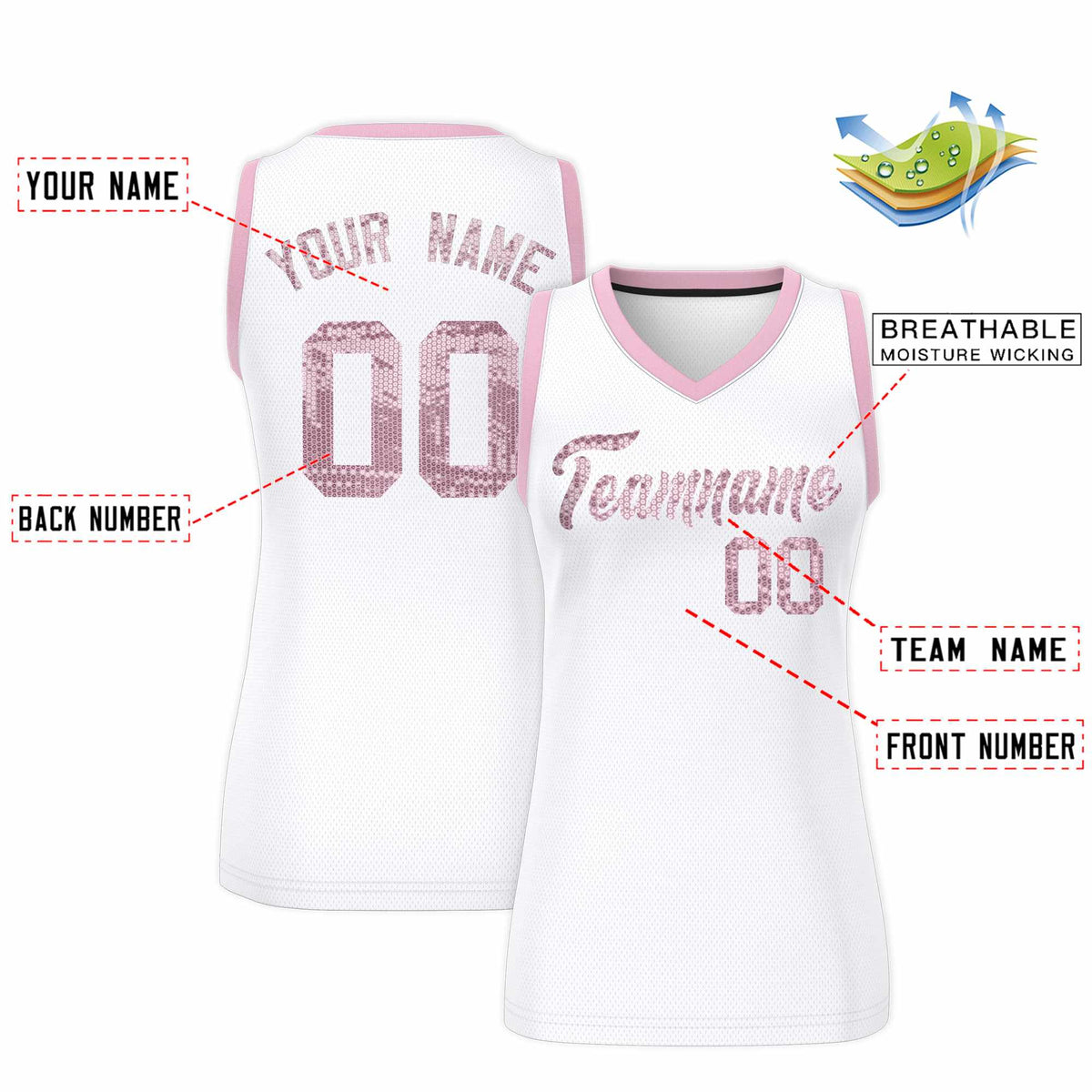 Custom White Light Pink Women Netball Sequined Dress