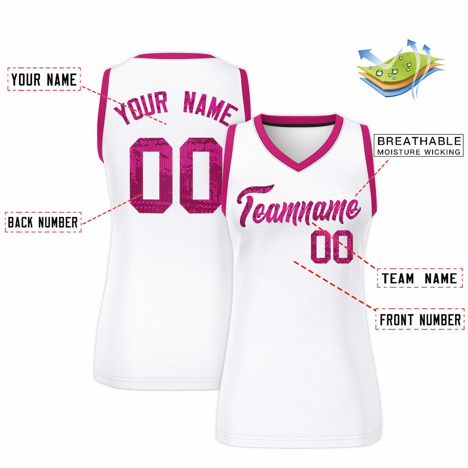 Custom White Pink Women Netball Sequined Dress