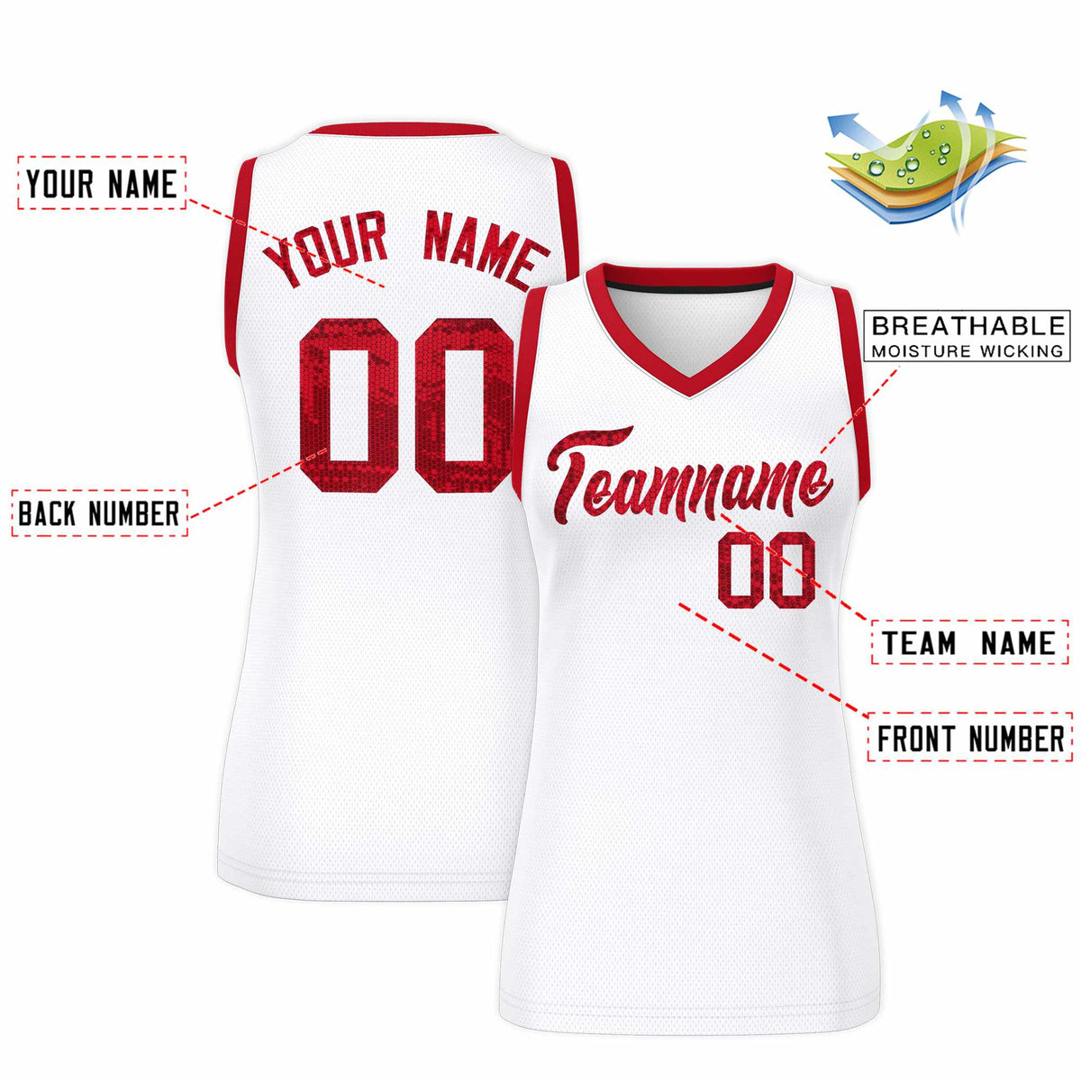 Custom White Red Women Netball Sequined Dress