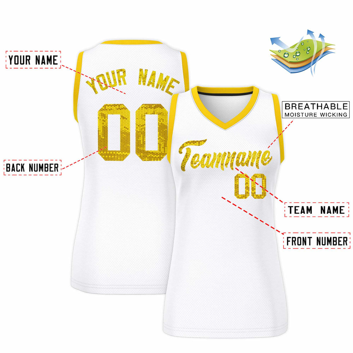 Custom White Gold Women Netball Sequined Dress
