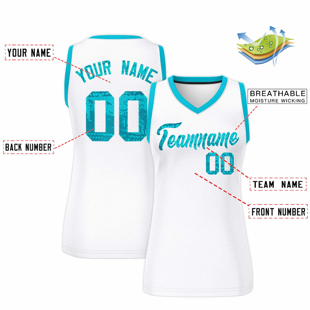 Custom White Sky Blue Women Netball Sequined Dress