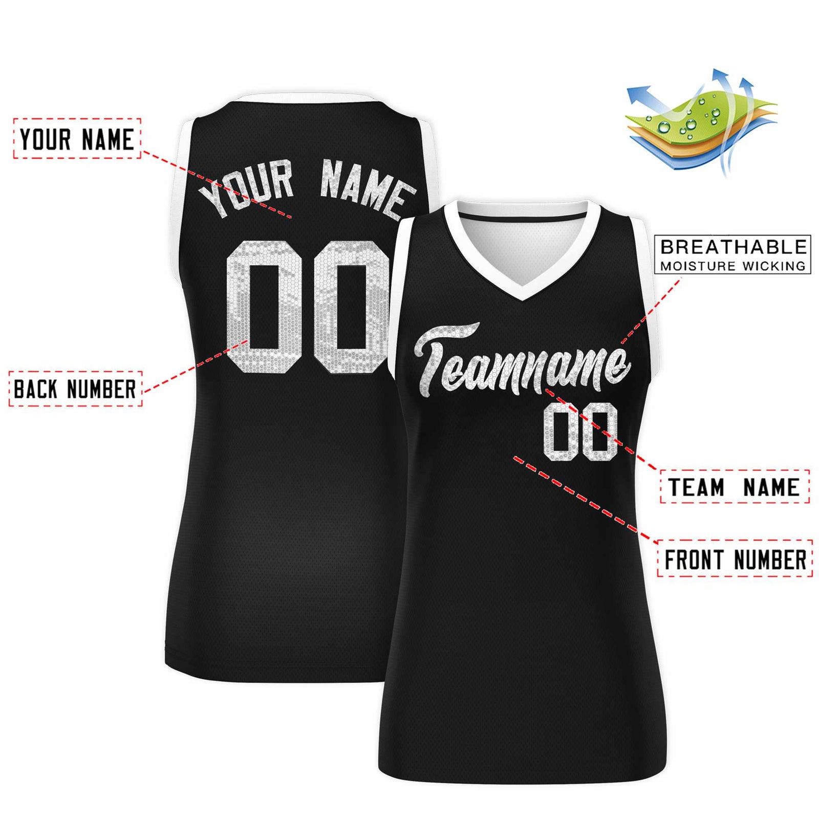 Custom Black White Women Netball Sequined Dress
