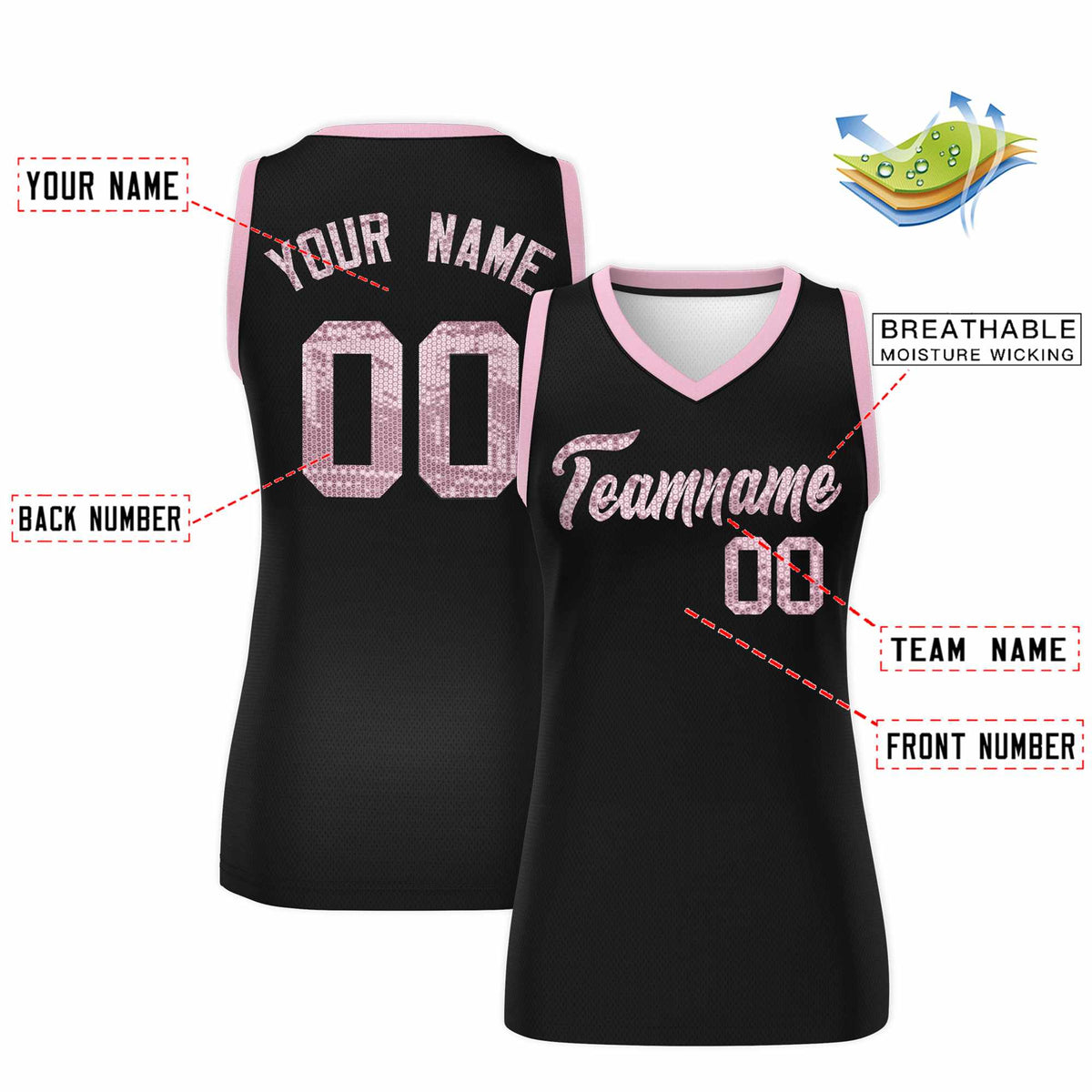 Custom Black Light Pink Women Netball Sequined Dress