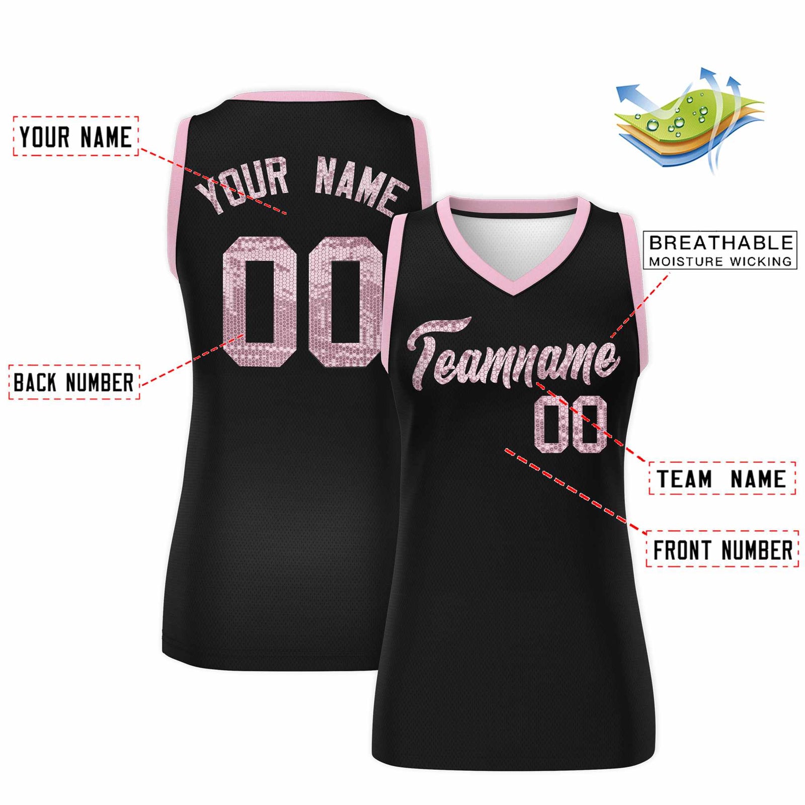 Custom Black Light Pink Women Netball Sequined Dress