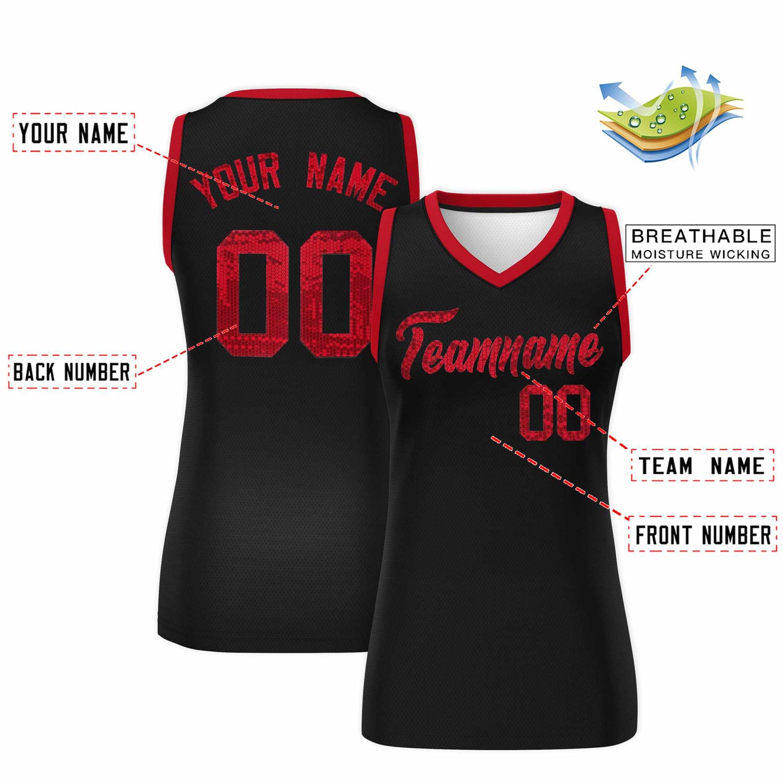 Custom Black Red Women Netball Sequined Dress