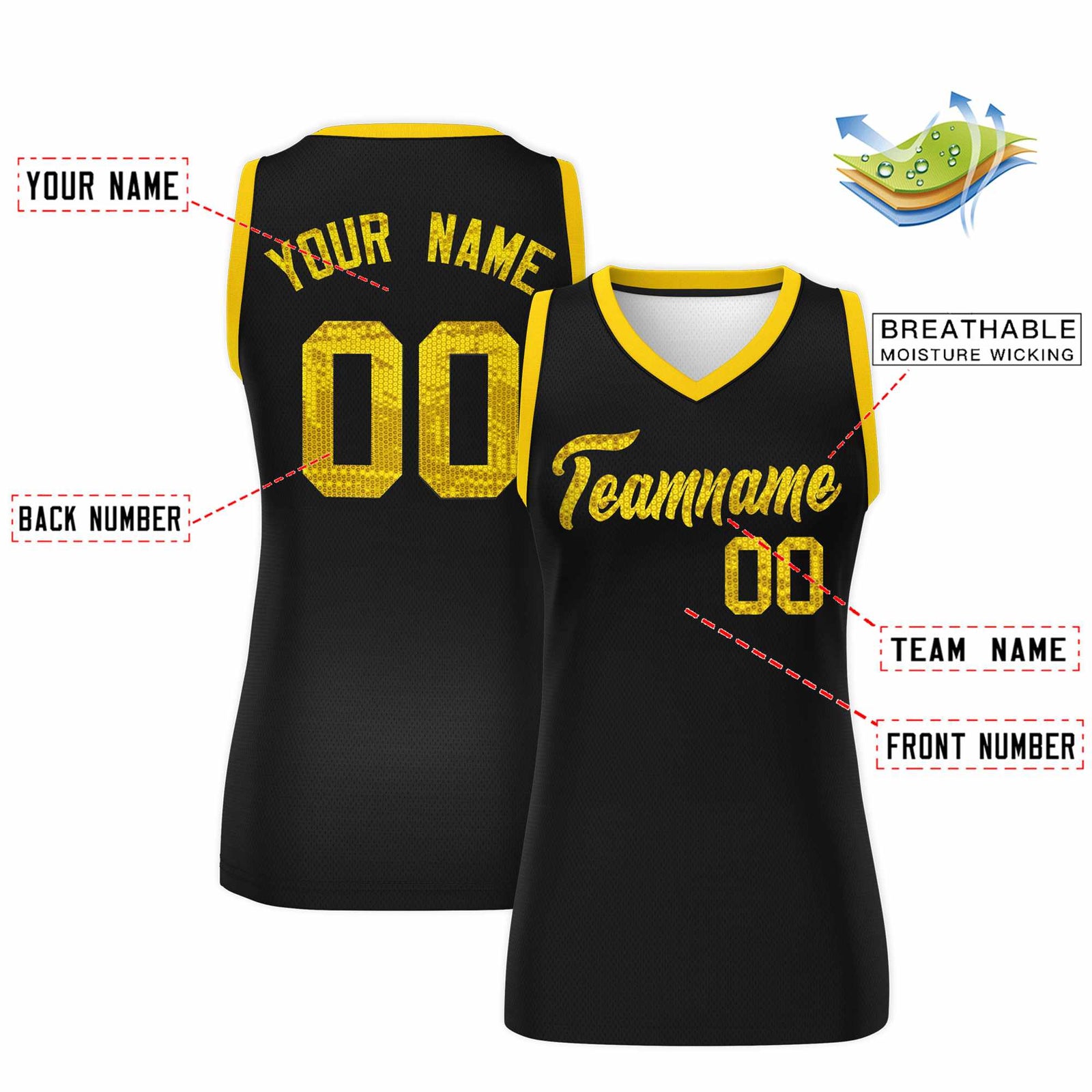 Custom Black Gold Women Netball Sequined Dress