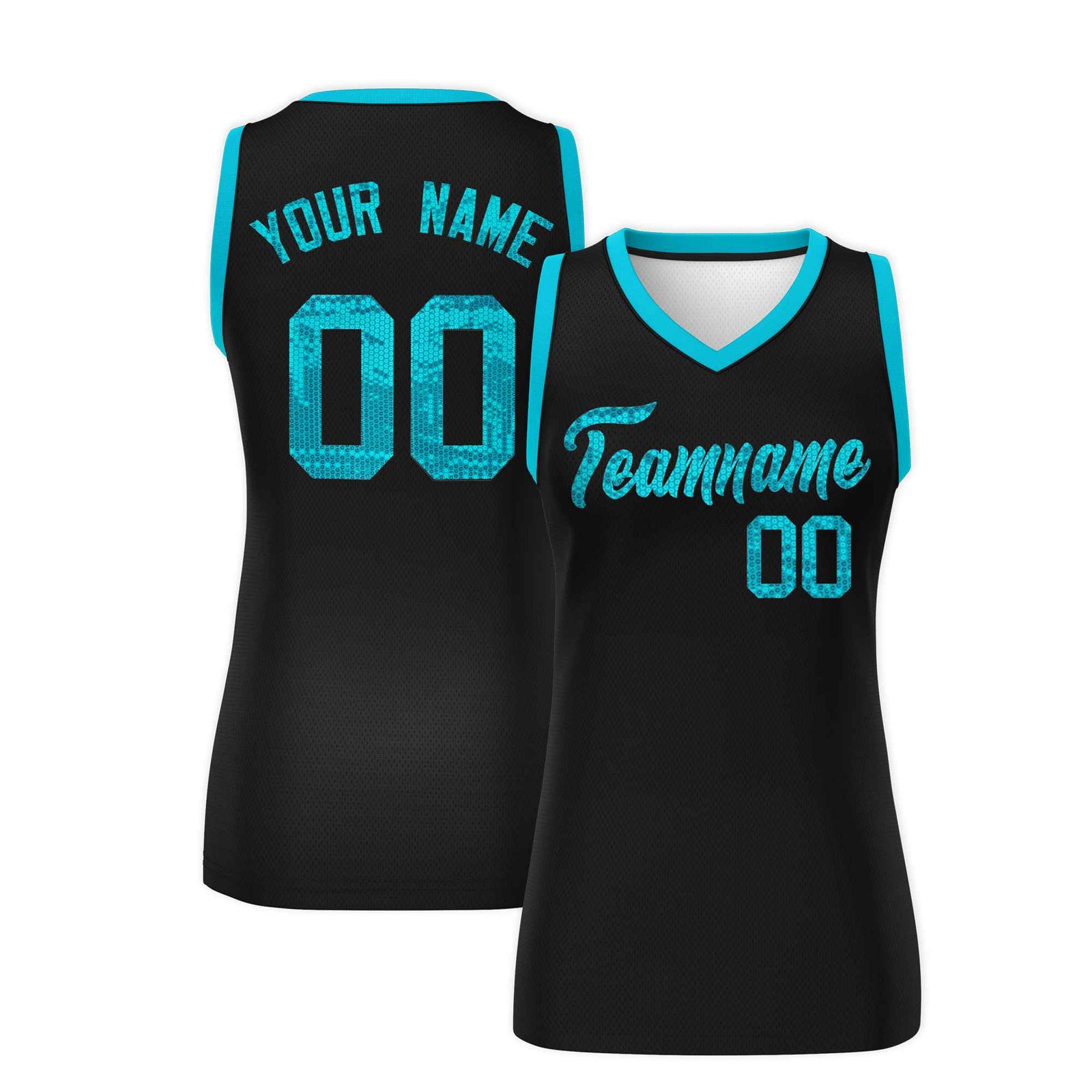 Custom Black Sky Blue Women Netball Sequined Dress