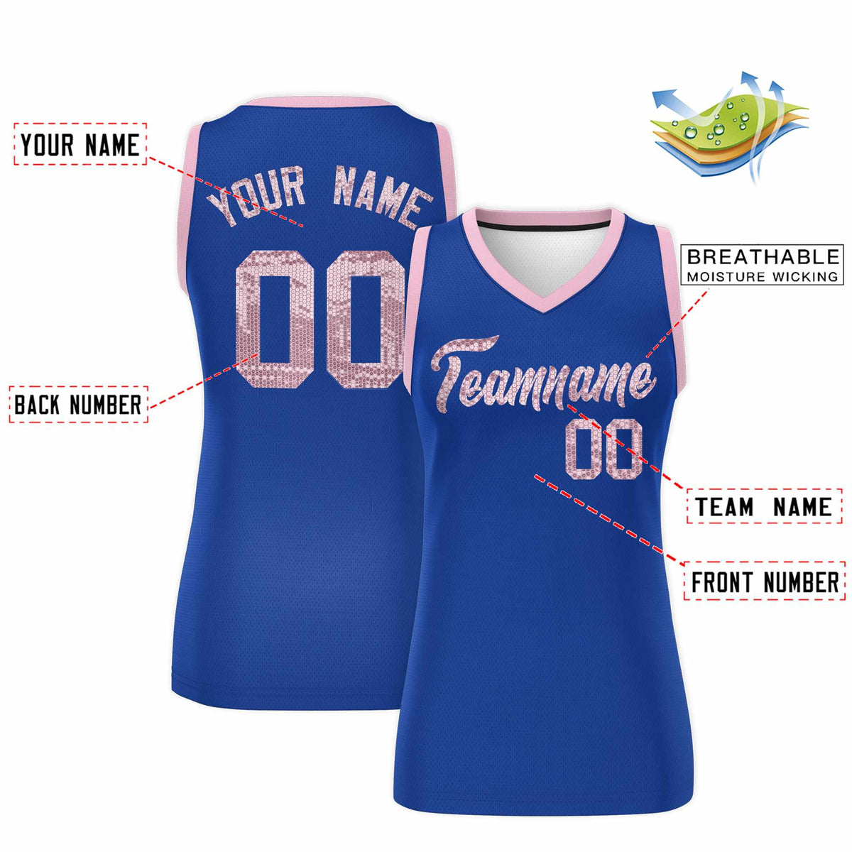 Custom Royal Light Pink Women Netball Sequined Dress