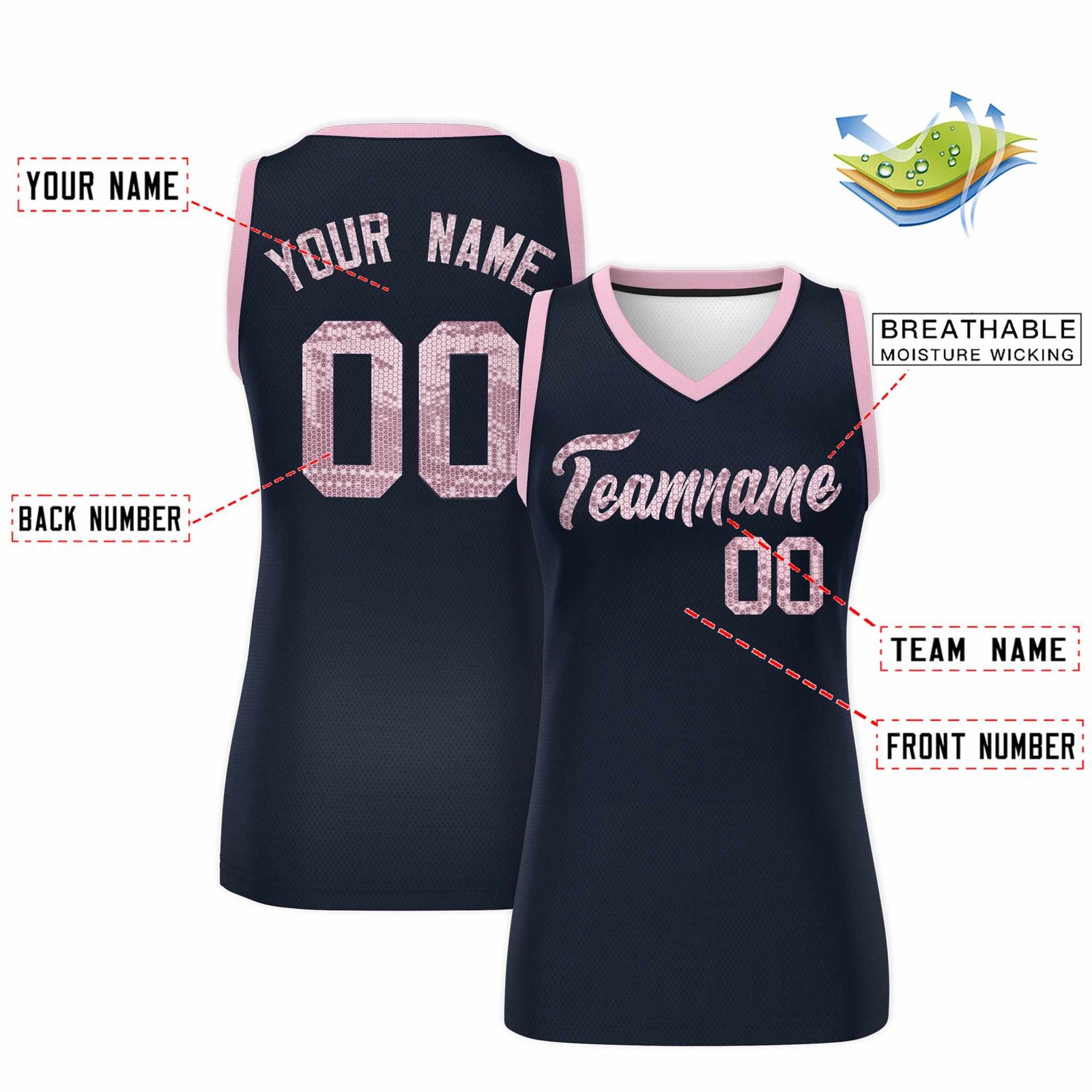 Custom Navy Light Pink Women Netball Sequined Dress