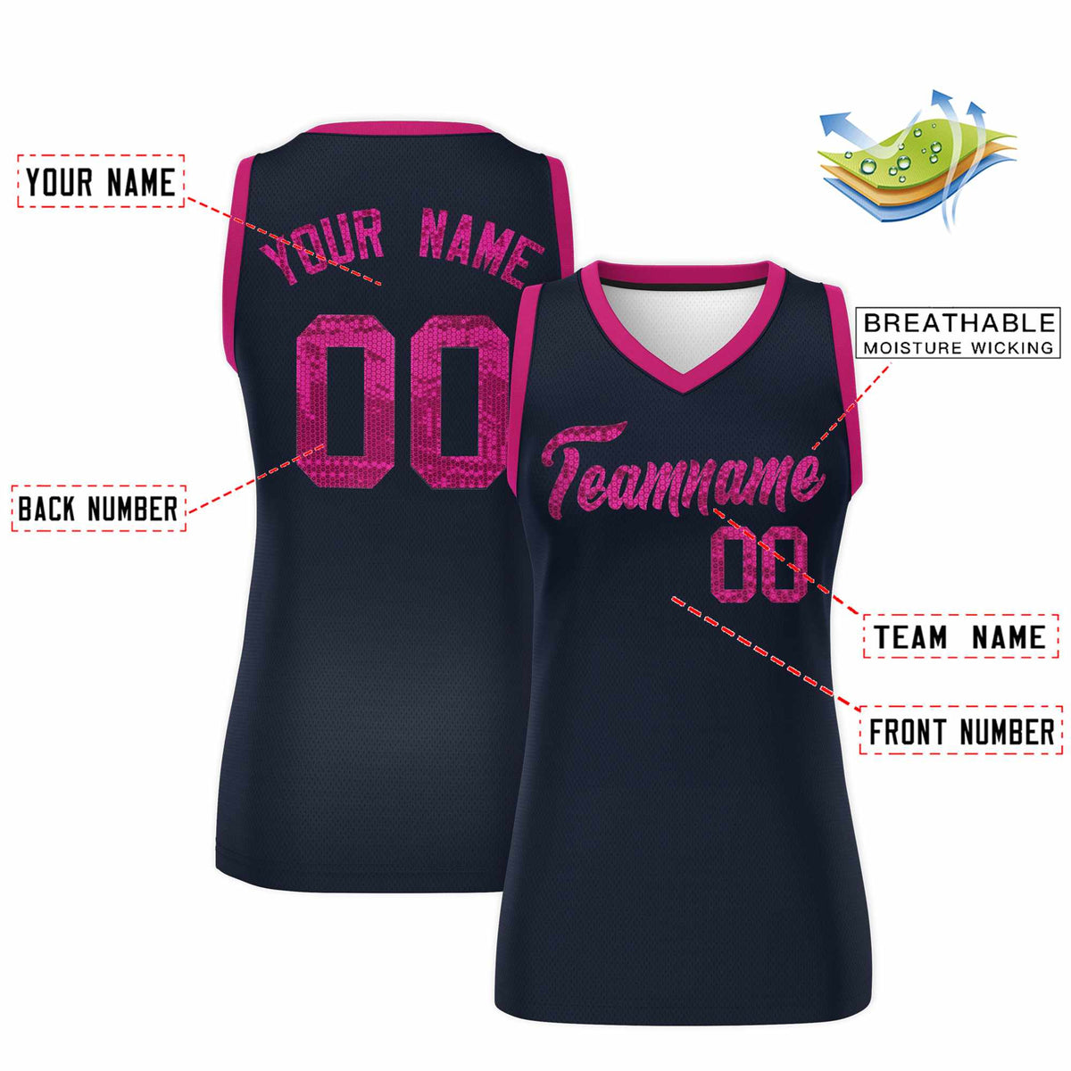 Custom Navy Pink Women Netball Sequined Dress